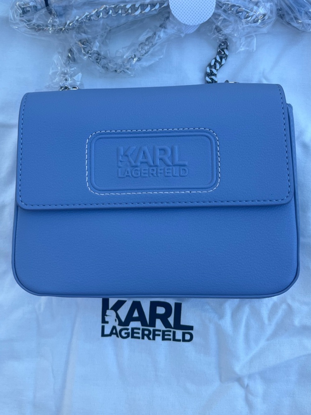 Karl Lagerfeld Leather Crossbody Bag with Chain Strap Light Blue